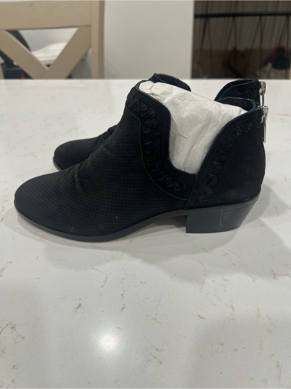 Vince Camuto Black Suede Perforated Ankle Booties with Back Zip